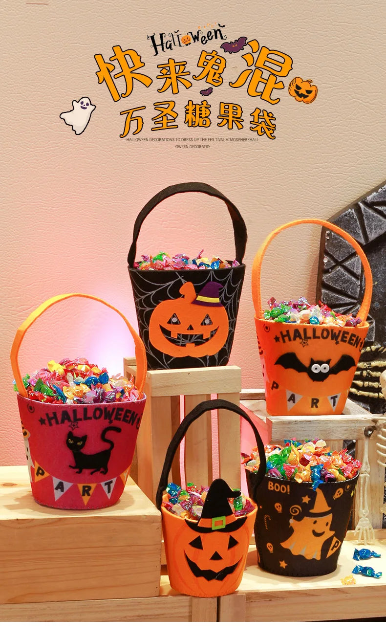 Halloween Theme Candy Bucket Bag Portable Candy Basket Kids Trick or Treat Bucket Halloween Party Decoration Supplies